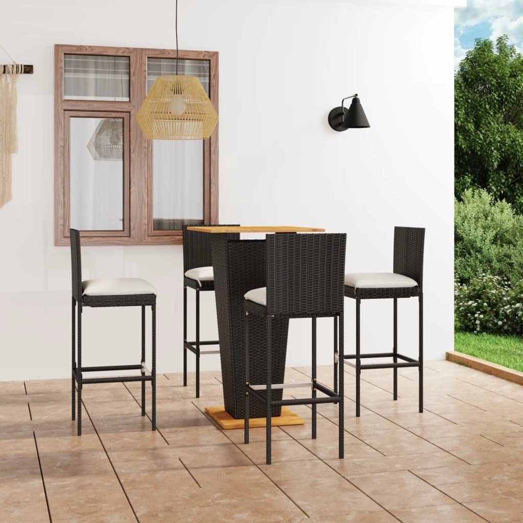 Juego de 5 barras de jardín de ratán de acacia de 60 x 60 cm, 4 taburetes de bar de 108 cm, con cojines color crema, diseño moderno, robusto y duradero, para balcón, terraza, jardín