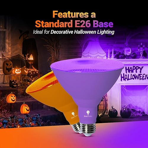 Miniatura 4 de BlueX - Paquete de 2 bombillas LED BlueX Par38 de luz naranja de inundación - 18 W 10 W - Regulable - Base E26 luces LED moradas, decoración de