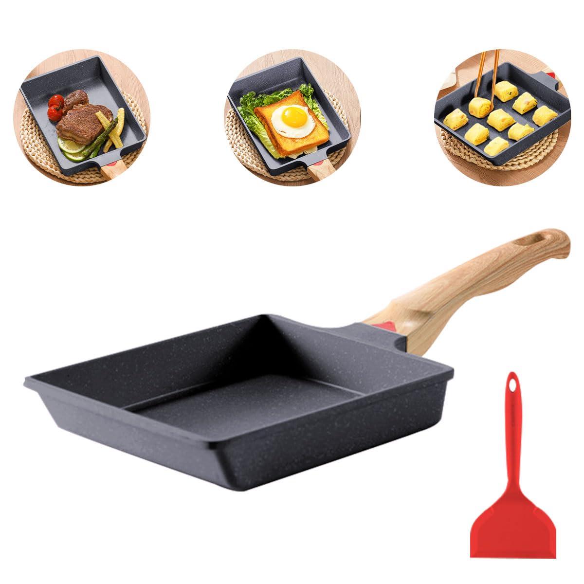 AHILAX Sartén Tamagoyaki, Sartén Japonesa para Omelette Antiadherente Sartén Bandeja Rectangular Molde Japonés para Huevo Tortilla con Espátula de Silicona para Sándwich Cocinas de Inducción 7.7x6inch