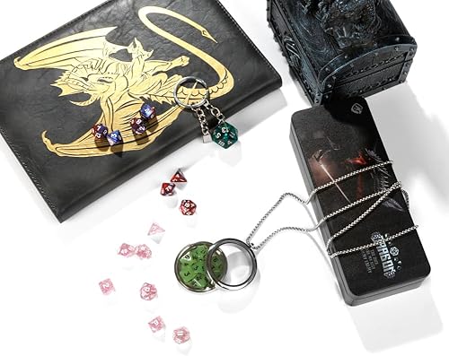 Miniatura 4 de DND - Caja de regalo de dados RPG Dungeons & Dragons (D&D) accesorios de regalo con 3 juegos de mini dados DND D20 llavero y collar de acero