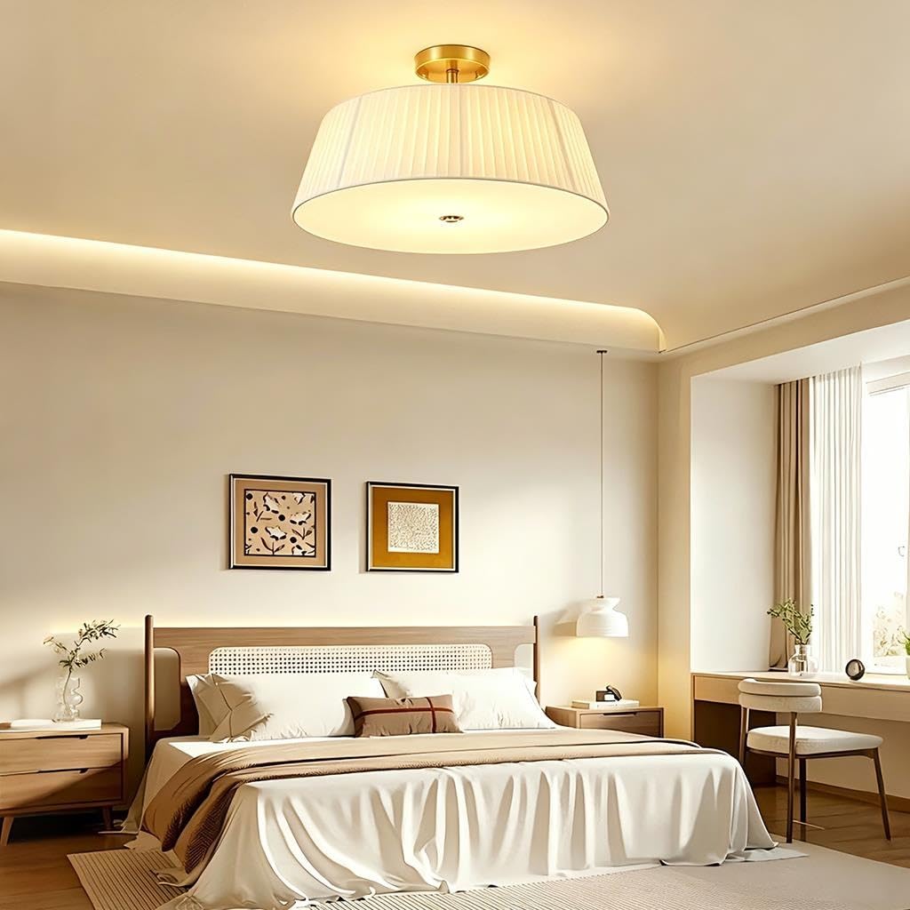 HYKISS Plafonnier Semi-Encastré Style Crème 3 Culots E27 Réglable à 3 Températures de Couleur Abat-jour en Tissu Plissé Luminaire de Plafond Moderne pour Chambre à Coucher et Salon(50cm)