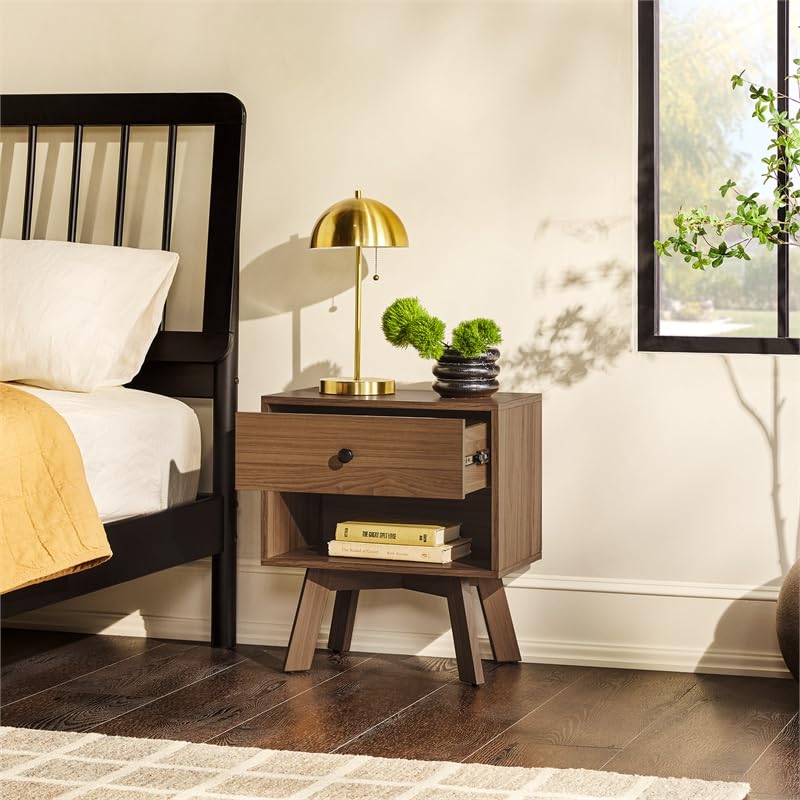 Pemberly Row 1-Drawer Mid-Century Wood Nightstand with Metal Hardware in Mocha