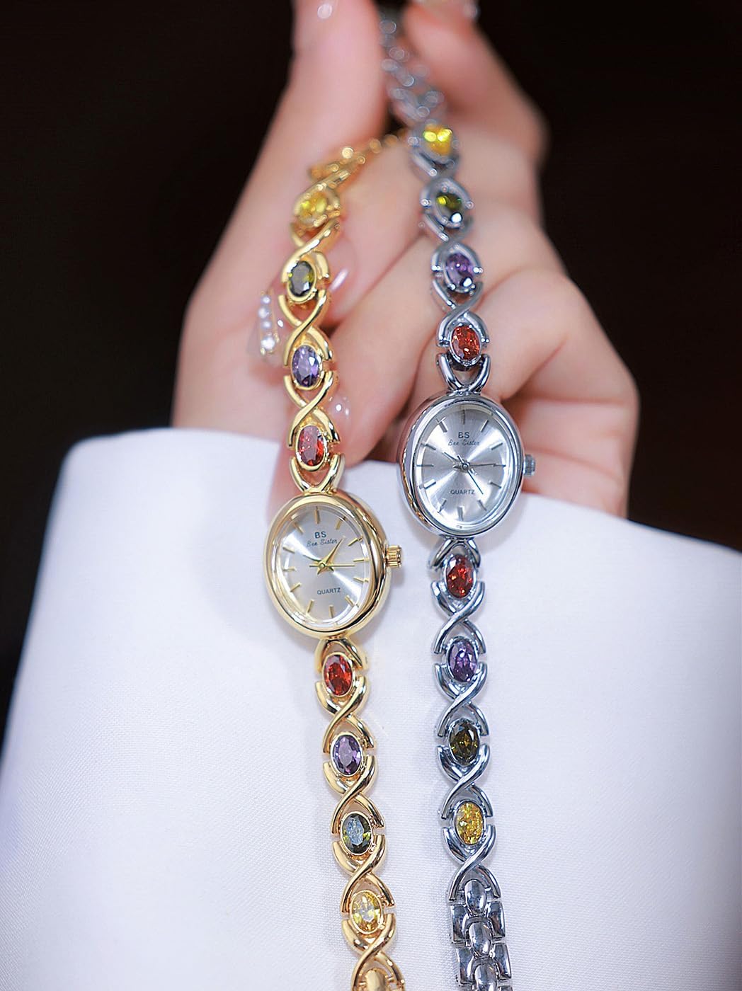 MASTOP Luxury Vintage Gold Watches for Women with Jade Colorful Crystal Small Oval Dainty Silver Watch Ladies Bracelet Dress Quartz Wrist Watch Waterproof Bangle image 6 of 6 B0DJM4KX4T