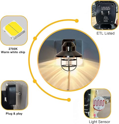 Miniatura 5 de Luces nocturnas enchufables a la pared luces nocturnas ETL paquete de 6 con atardecer a amanecer, luz nocturna rústica vintage de granja de 2700 K