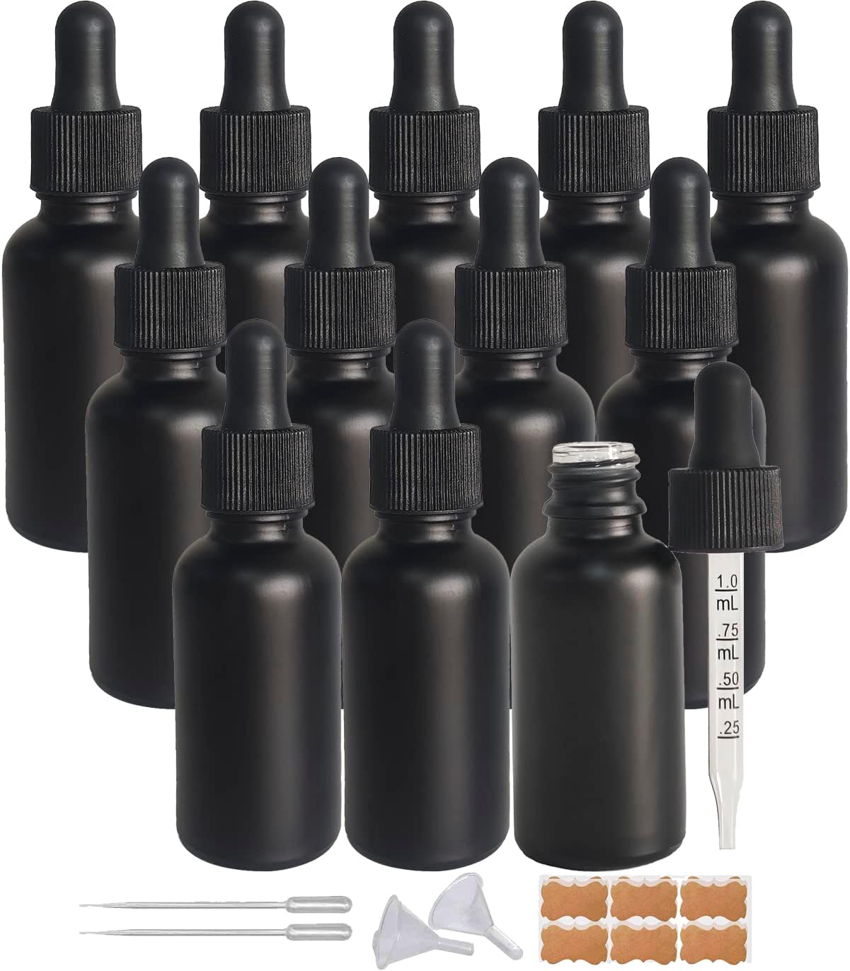 12 Pack 1oz Black Coated Glass Dropper Bottle,30ml Frosted Black Glass Bottles with Eye Droppers,for Essential Oils,Leakproof Travel Bottles, Oil Bottles for Hair