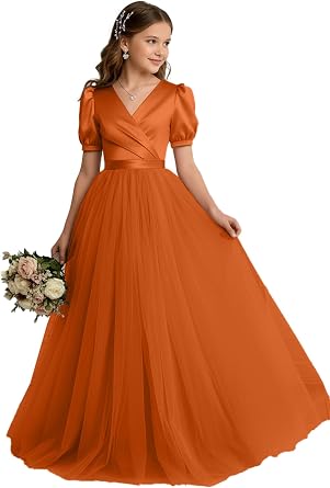 Satin Tulle Flower Girl Dresses for Wedding Short Sleeves Princess Ball Gown First Communion Dresses