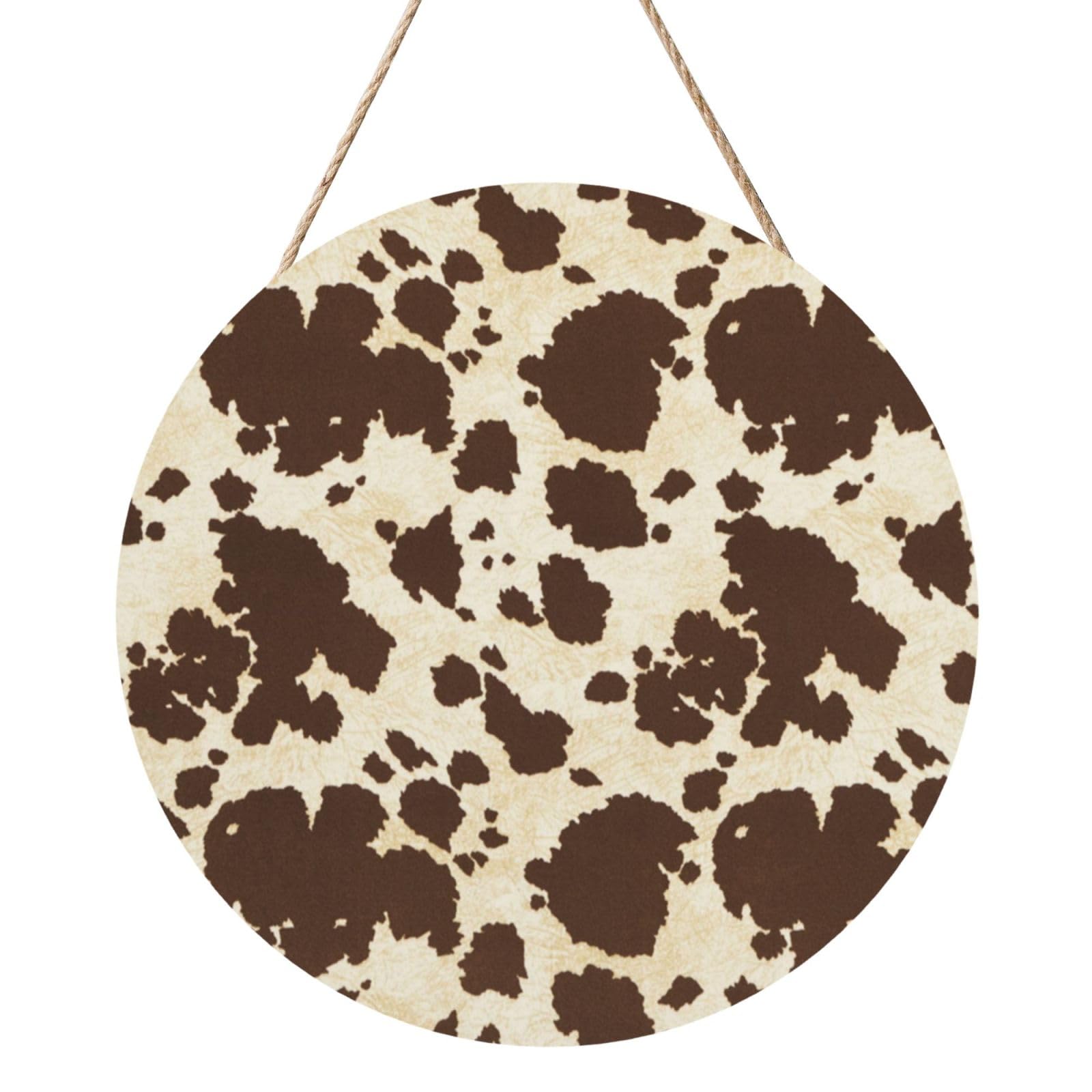 InOmak Cowhide Print, Round Wood Panel Painting 12 in, Wall Hanging Painting For Home