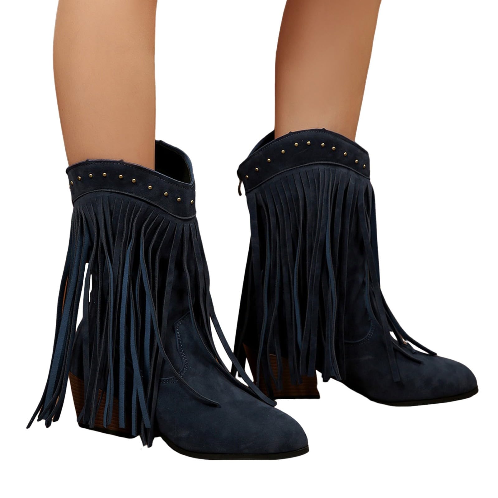 Botas por Encima de la Rodilla Botas de Media caña con tacón Grueso, Estilo Vaquero, Botines Western con Flecos.