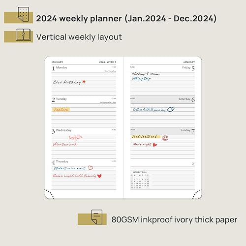 Miniatura 2 de POPRUN Calendario de bolsillo 2024 semanal y mensual para bolso de 3.5 x 6.5 pulgadas, agenda pequeña de tapa dura 2024 con cierre elástico, soporte