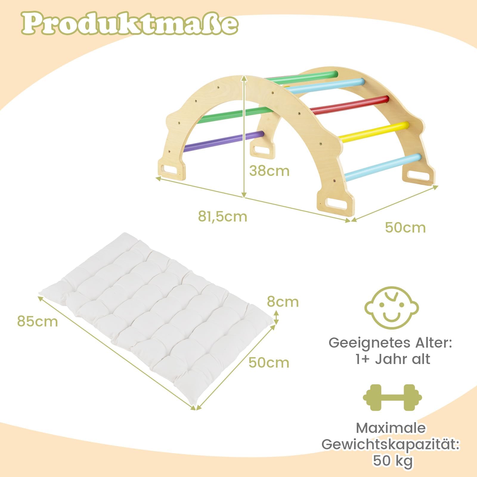FANTASK Kletterbogen, zum Wippen, Klettern und Krabbeln, Indoor Kletterbogen aus Holz, für Kinder ab 3 Jahre (Bunt)