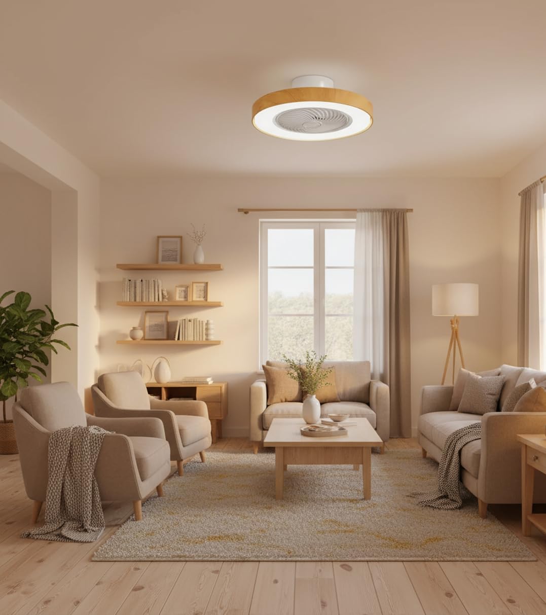 BEL AIR HOME - Ventilador Plafón CATHAY Motor DC - Luz LED 72W Mando a Distancia - Rejilla Giratoria Eficiente Ventilación de 4 Velocidades para Verano - Plafón LED para Invierno (BLANCO MADERA)