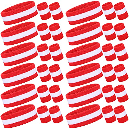 Image of Eurzom 36 Pcs Neon Sports Sweatbands Set Include 12 Striped Sweat Absorbing Headbands 24 Wristbands Athletic for Men Women Basketball Tennis Running Glow Party