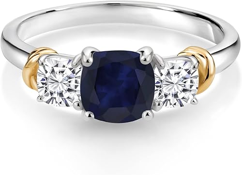 Miniatura 3 de Anillo de compromiso de 3 piedras preciosas de dos tonos y moissanita blanca para mujer, plata 925 y oro amarillo de 10 quilates, corte cojín