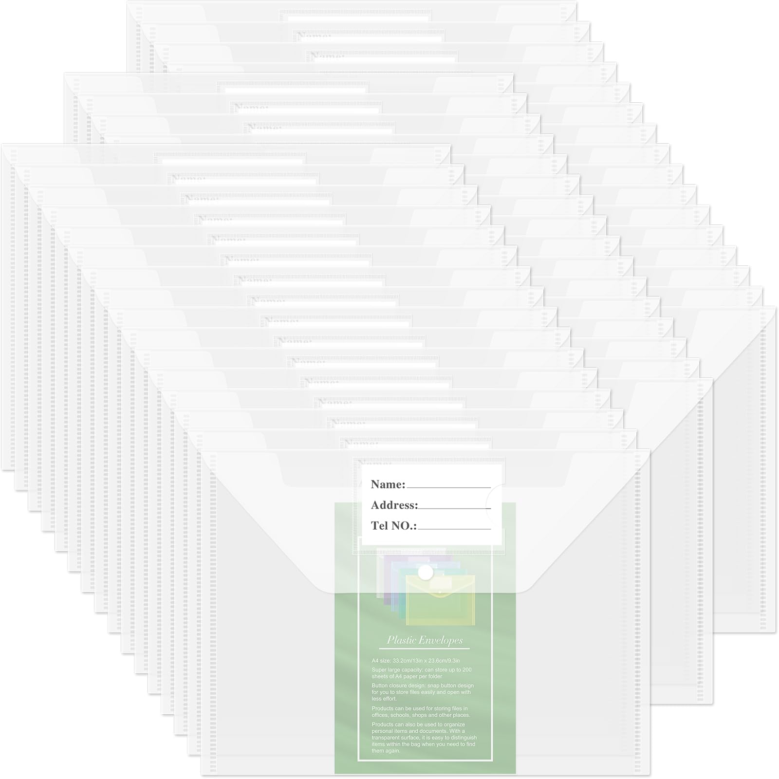 NACHLYNN 48pcs Plastic Envelopes Plastic Folders with Snap Closure, A4 Size Clear File Envelopes with Label Documents Folders Organizers for Home Work