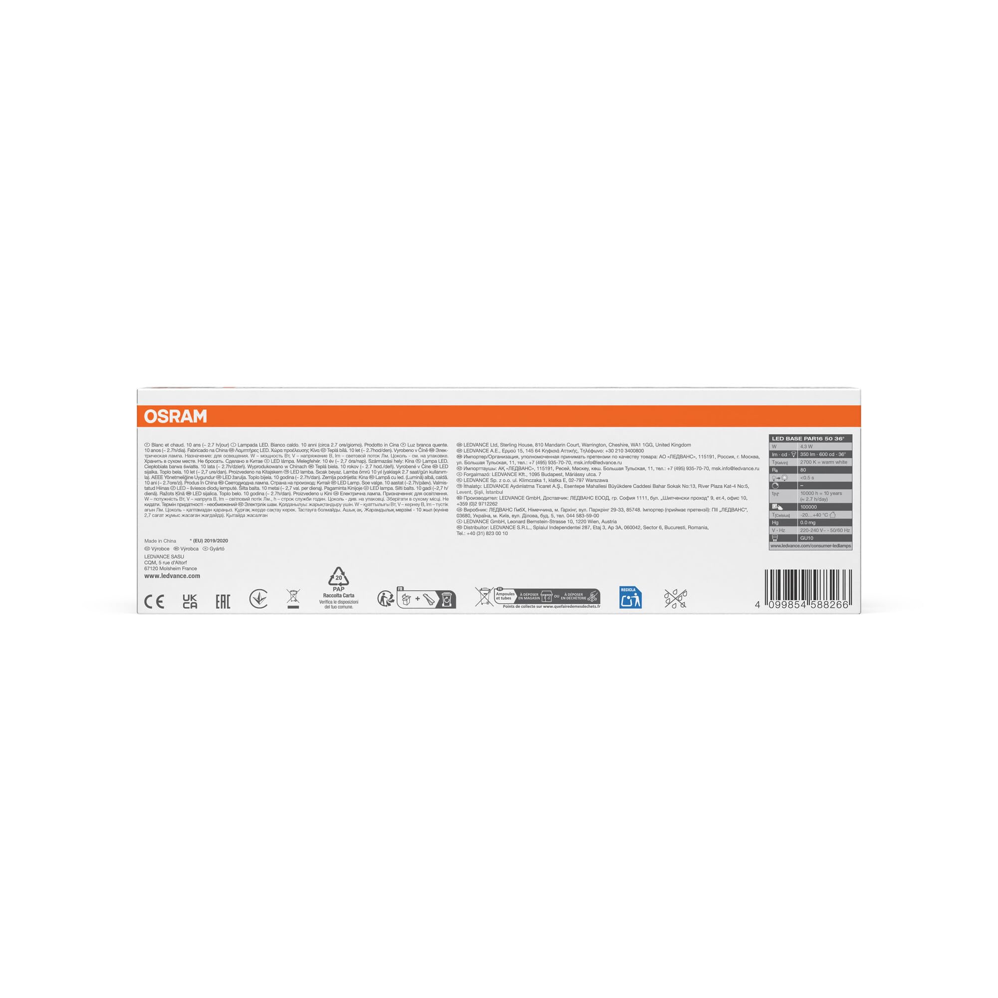Osram LED Spot Lampe Base PAR16 4,3W 827, 2700K warmweiß, GU10, 36°, 350 lm, professionelles Thermomanagement,5-Pack – Ansicht 3
