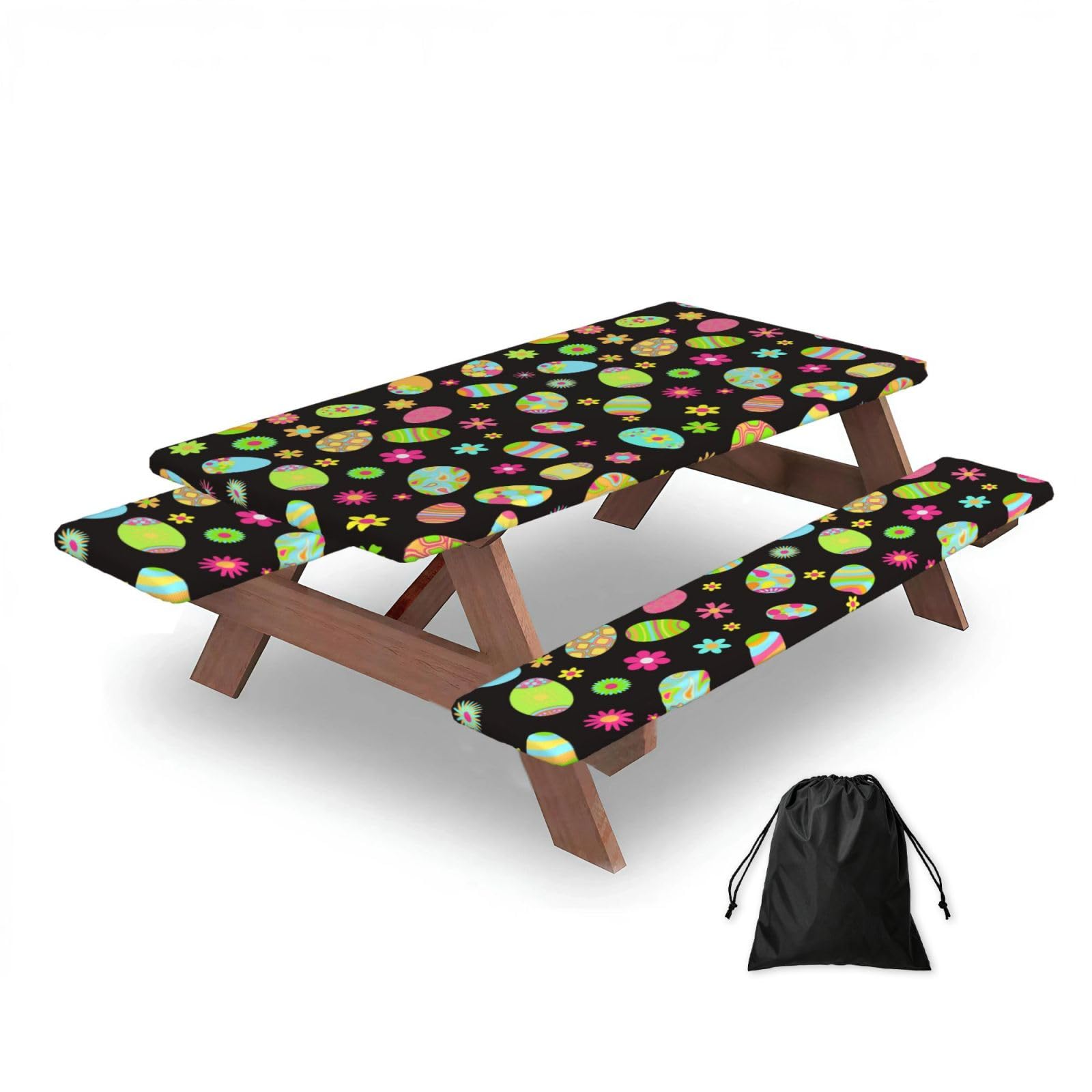 Dopklna As Picture Happy Easter Colorful Easter Eggs, Picnic Table Cover With Bench Covers -Waterproof Elastic Fitted Tablecloth For Garden Camping Patio 76X152cm