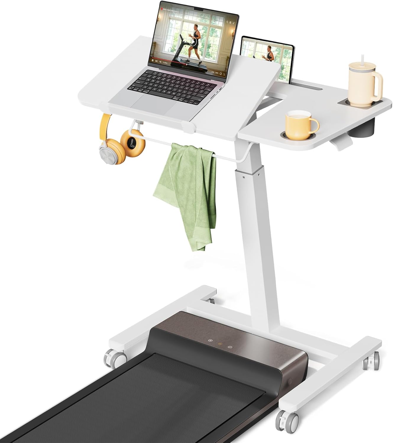 JOY worker Tiltable Treadmill Walking Pad Desk, 31.5" Small Pneumatic Height Adjustable Standing Desk with Cup Holder & Towel Rack, Mobile Bike Trainer/Cycling Stand for Home Office Fitness, White