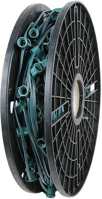 Novelty Lights 250 Feet C9/E17 Socketed Light Spool, 12 Inch Spacing Green Wire Bulk Reel, 8 Amp SPT-1 Wire, Commercial Grade, Indoor/Outdoor All Weather, For Cutting Custom Lengths