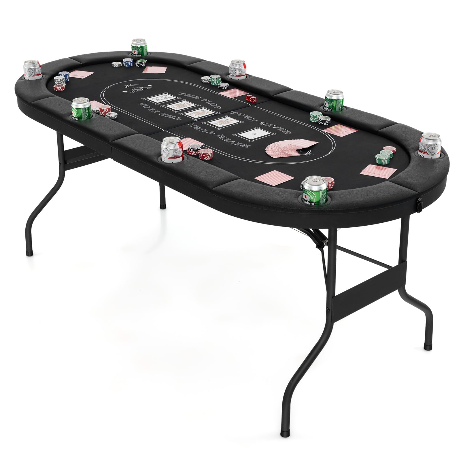 DREAMADE Faltbarer Pokertisch für 8 Spieler, Poker Table mit Getränkehalter, Metall-Rahmen 182 x 82 x 75 cm Schwarz