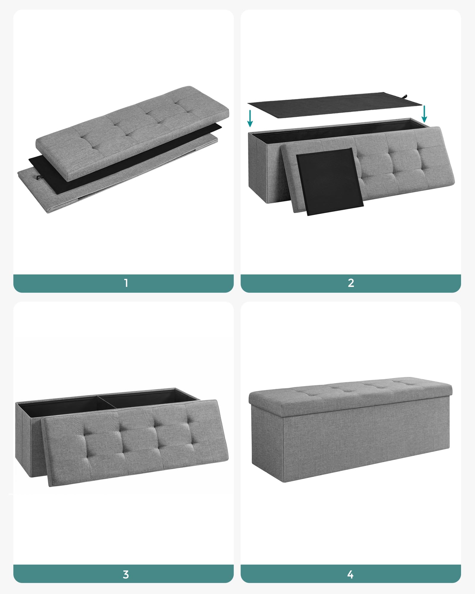 SONGMICS Mazie Collection - Banc de Rangement, Repose-Pieds Pliable de 110 cm, Bout de Lit, Montage Facile, pour Salon, Chambre, Entrée, Gris Clair LSF77G