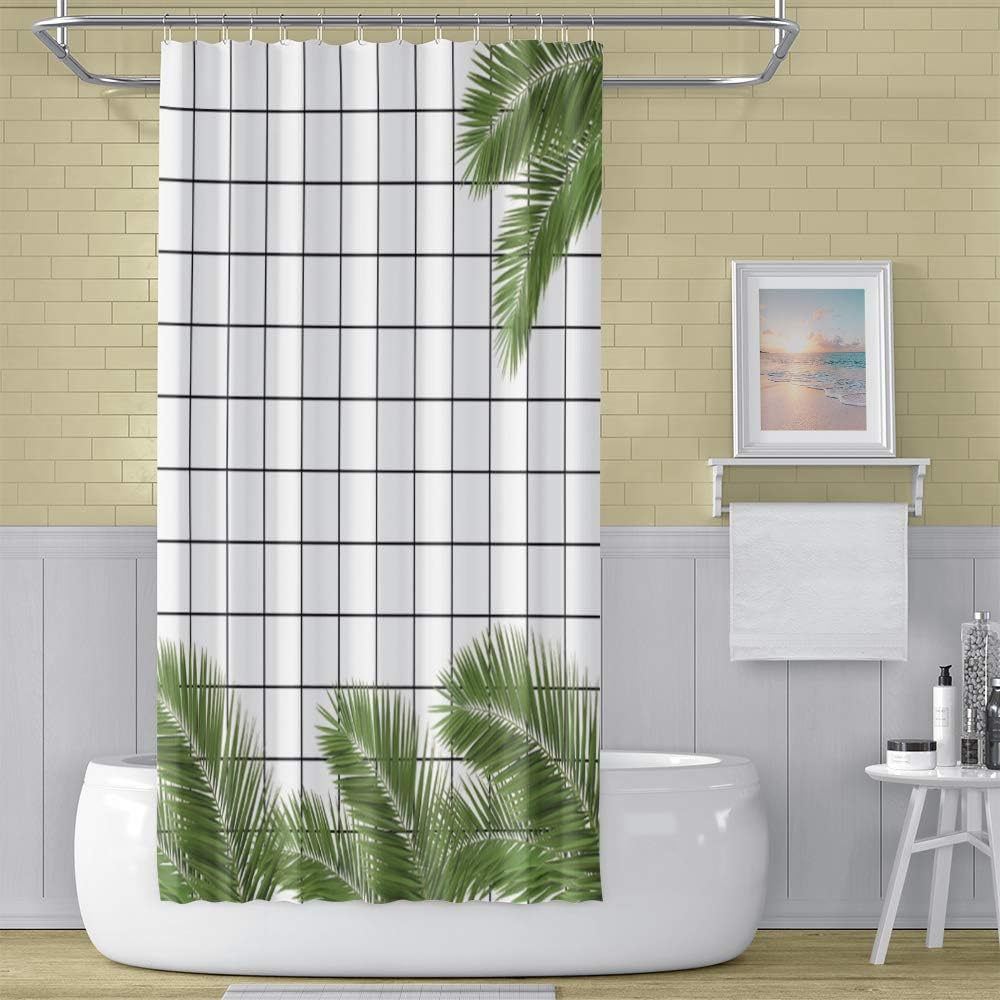 OERJU Casual Shower Curtain Classic White Plaid with Green Tropical Leaves Bath Curtain Modern Home Decor Waterproof Polyester Fabric Bathroom Decor Set with Hooks 72x84inch