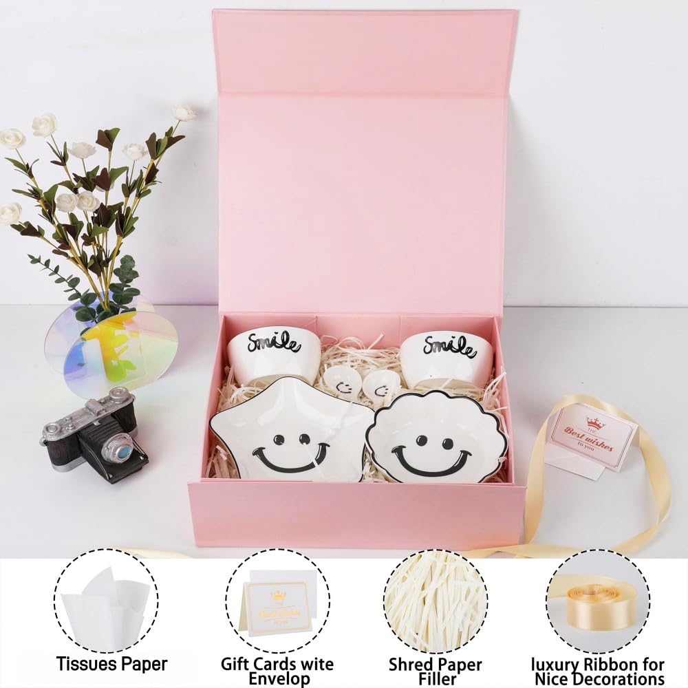 UoeRing 2 x rosa Geschenkboxen, groß, 34,3 x 30 x 11,9 cm, Luxus-Geschenkbox für Geschenke mit Magnetverschluss, faltbar, Geburtstag, enthält Karte, Band, Seidenpapier, geschreddertes Papierfüller
