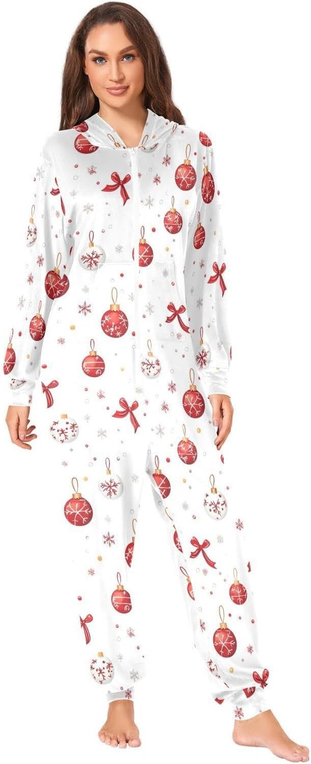 ZZKKO Christmas Balls Red Ribbons Adult Onesie Pajamas for Women Men Cozy One Piece Pajamas Costume Zip-Up Hooded S-XL