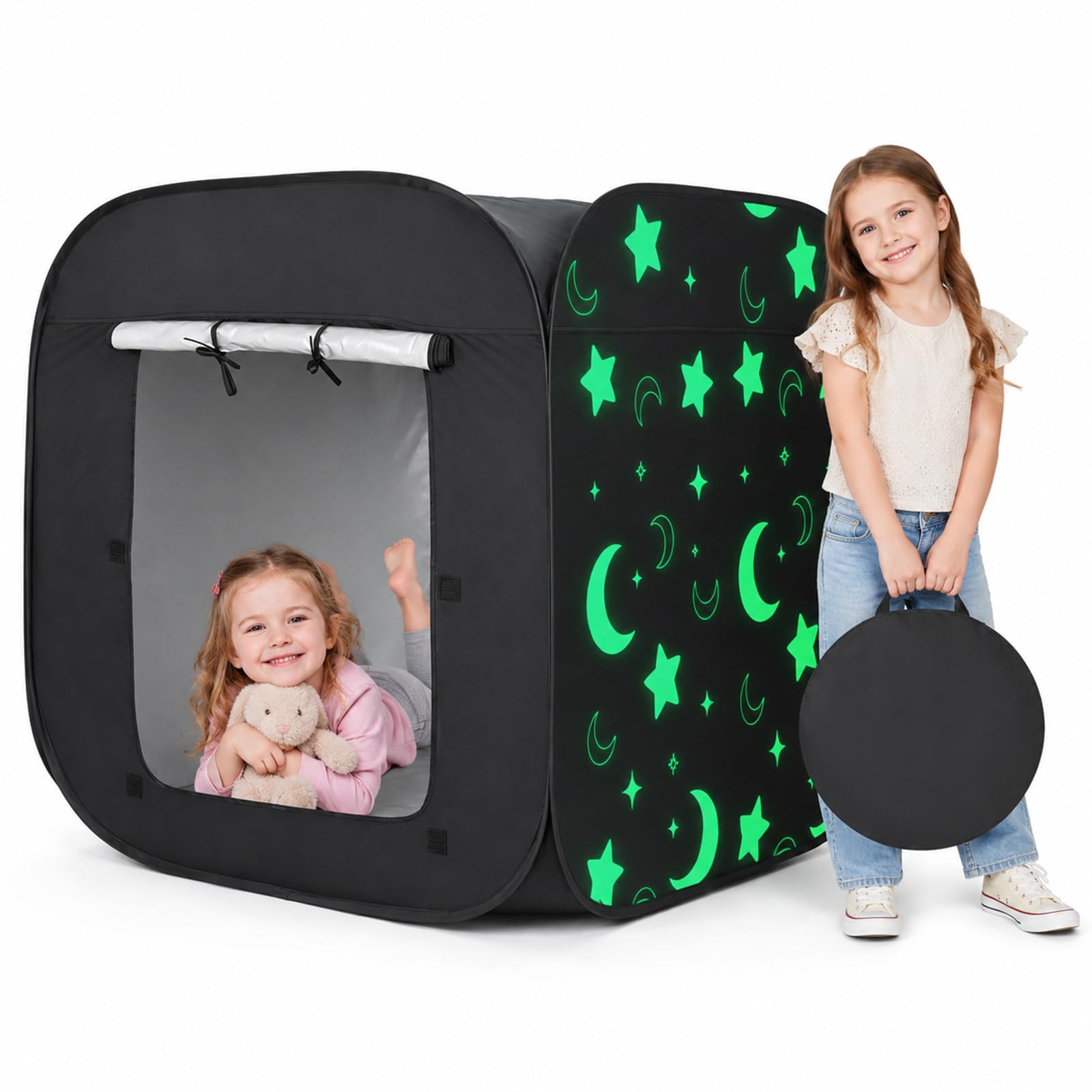 Tenda sensoriale, tenda pop-up per bambini con stelle e lune che si illuminano alla notte, per calmare e favorire la concentrazione, tenda oscurante sensoriale per interni, autismo, SPD, ansia, ADHD