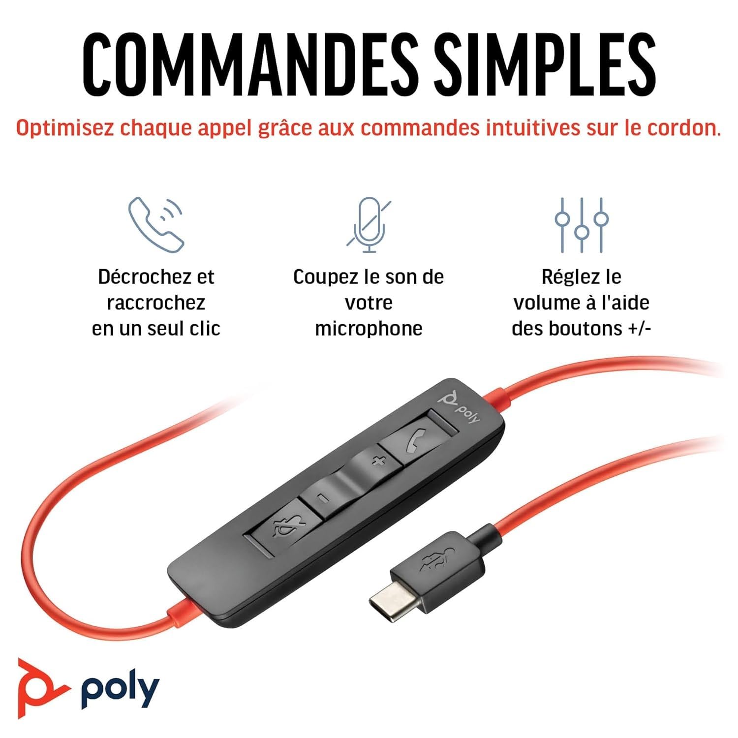 Micro-casque filaire Poly Blackwire 3320 – Perche de microphone flexible – Stéréo hi-fi – Connexion à un PC/Mac via USB-C ou USB-A – Fonctionne avec Teams/Zoom