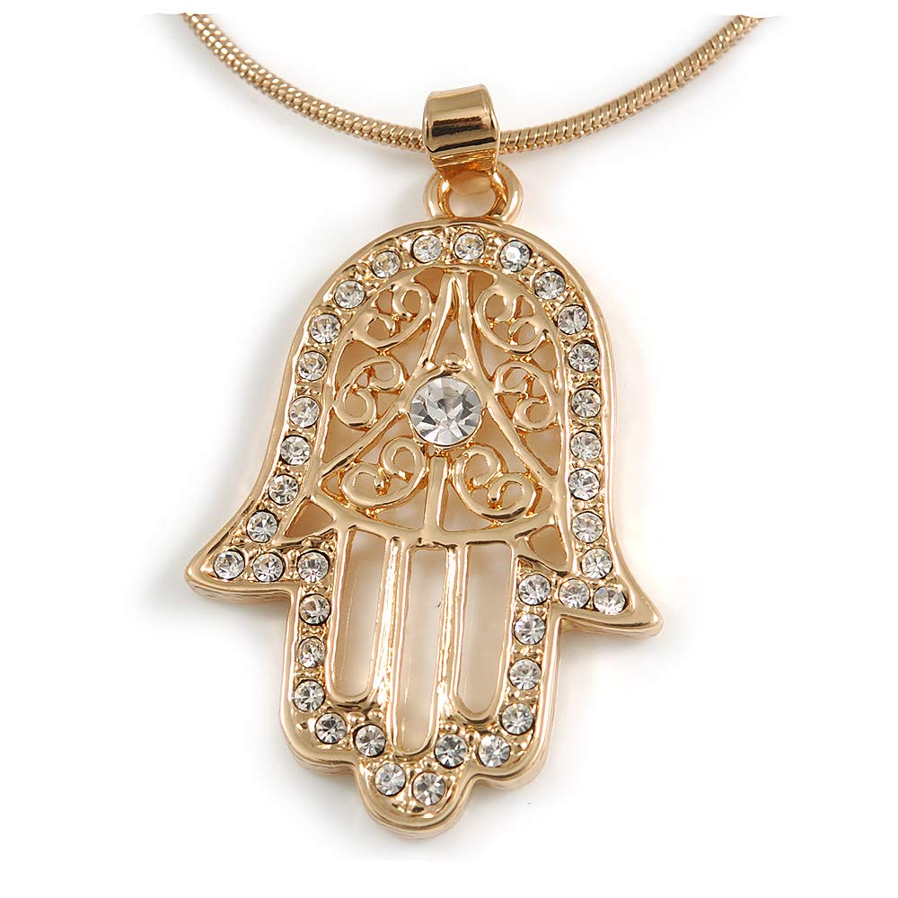 AvalayaGold Tone Clear Crystal Hamsa Pendant with Snake Type Chain - 44cm L/ 5cm Ext