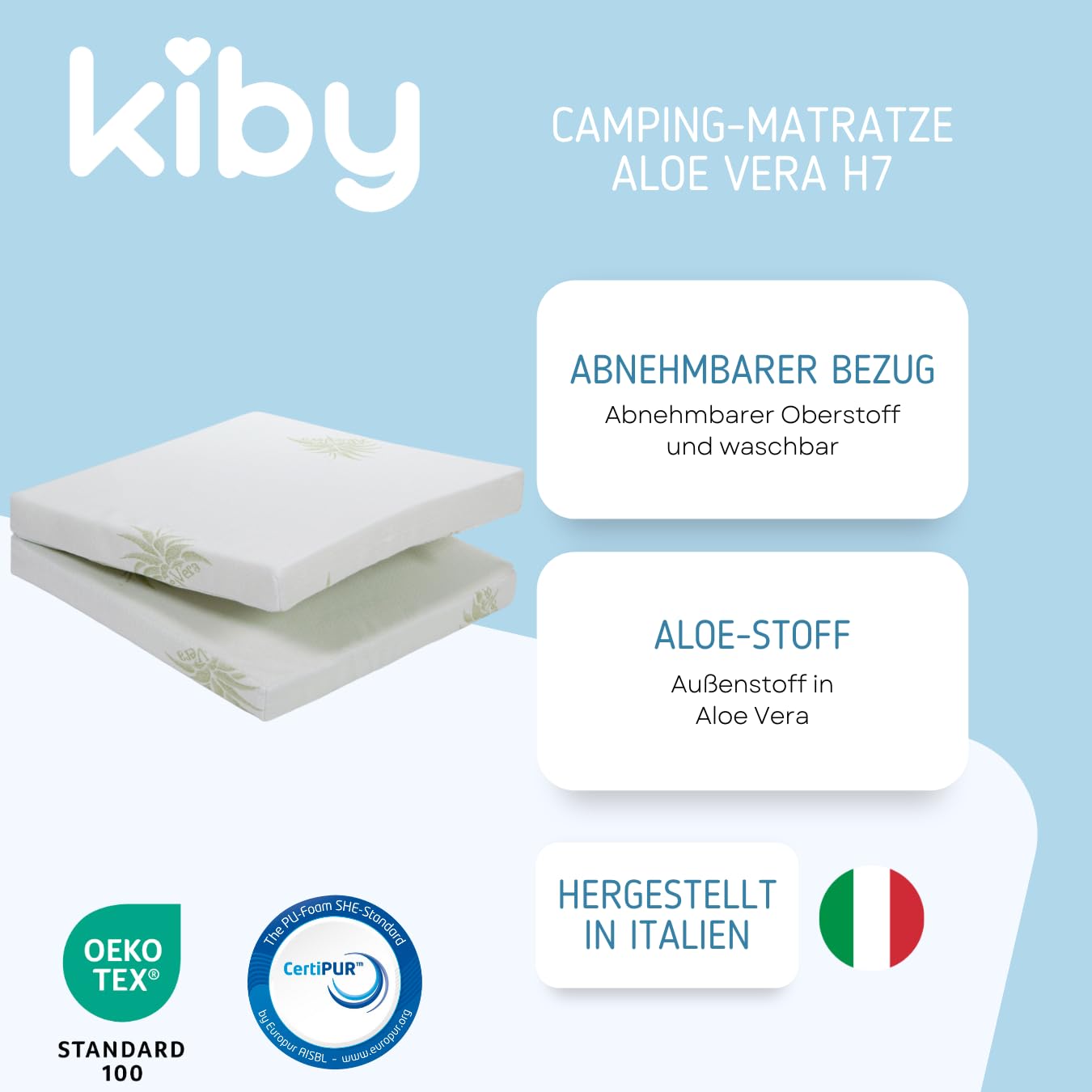 Kiby® Reisebettmatratze 120x60 cm | Höhe 7cm | (Oeko-TEX® & Certipur™ Zertifiziert) Atmungsaktiv aus Aloe Vera, Faltbare