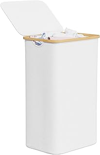SpaceAid Laundry Hamper with Lid, 110L Large Tall Clothes Basket Bin with Bamboo Handles, Collapsible Laundry Hamper for Bedroom, Bathroom, Dorm, Laundry Room - White