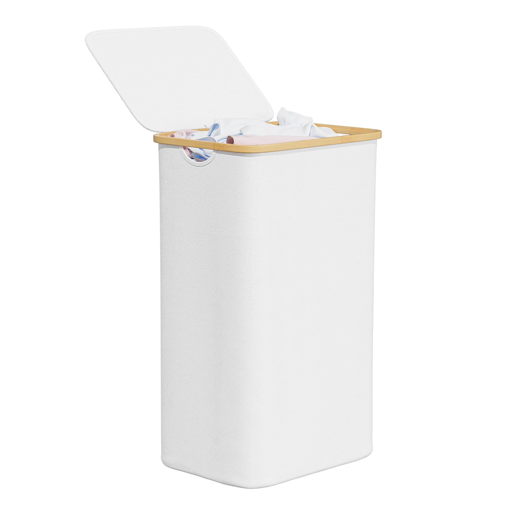Photo 1 of SpaceAid Laundry Hamper with Lid, 110L Large Tall Clothes Basket Bin with Bamboo Handles, Collapsible Laundry Hamper for Bedroom, Bathroom, Dorm, Laundry Room - White