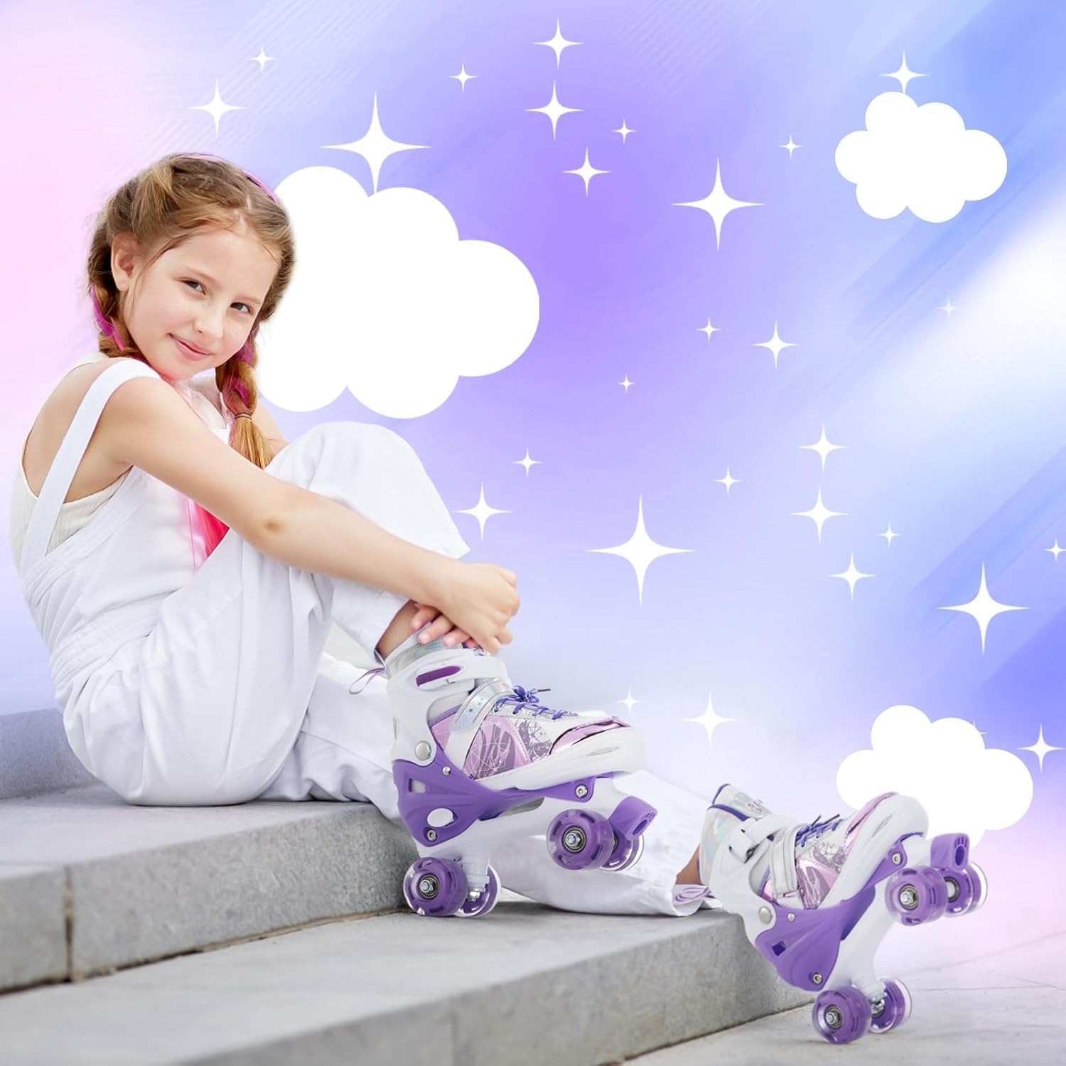 TOMSHOO Patins à roulettes Fille, Roller Enfant Fille avec LED Lumineuse Roues, Rollers Quad Enfant Taille Réglable, pour Débutants Enfants Cadeau