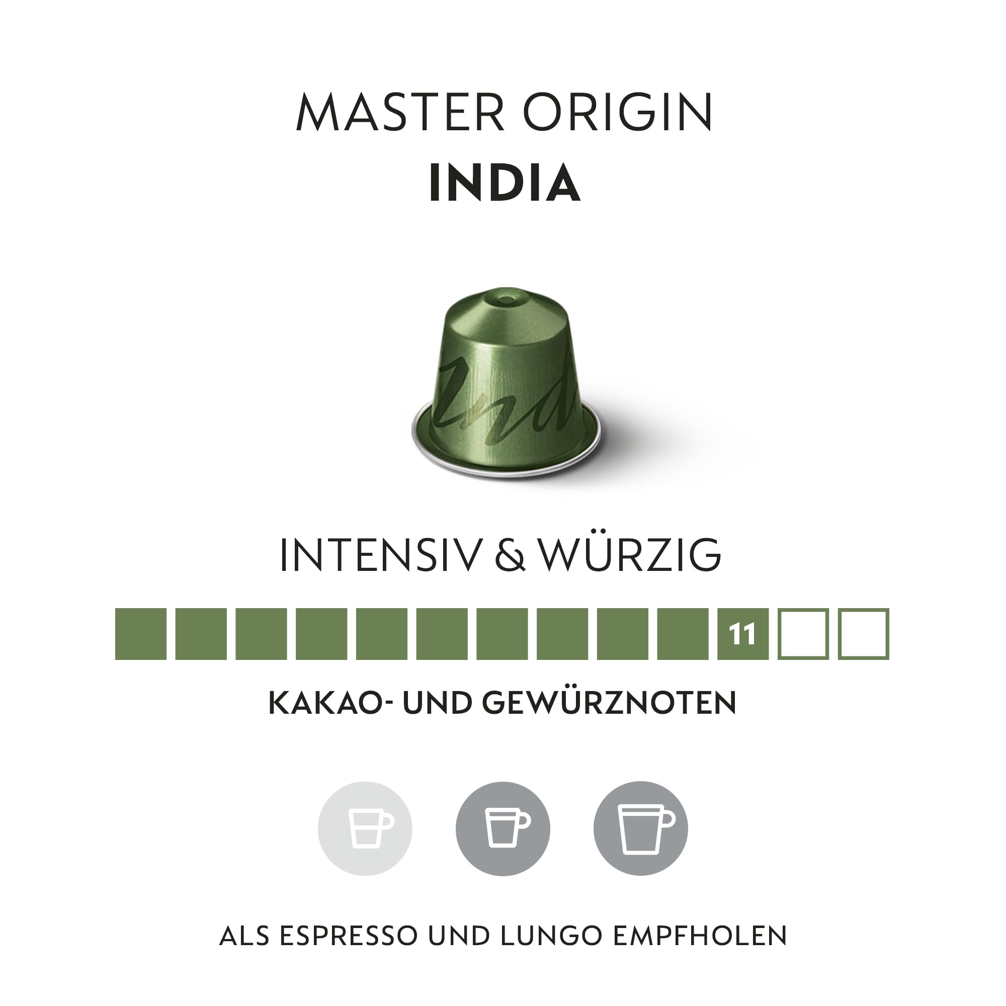 NESPRESSO ORIGINAL India 100 Kaffeekapseln | Arabica & Robusta Kaffee aus Indien, Dunkle Röstung, Intensität 11, Ideal für kräftigen Espresso & Lungo