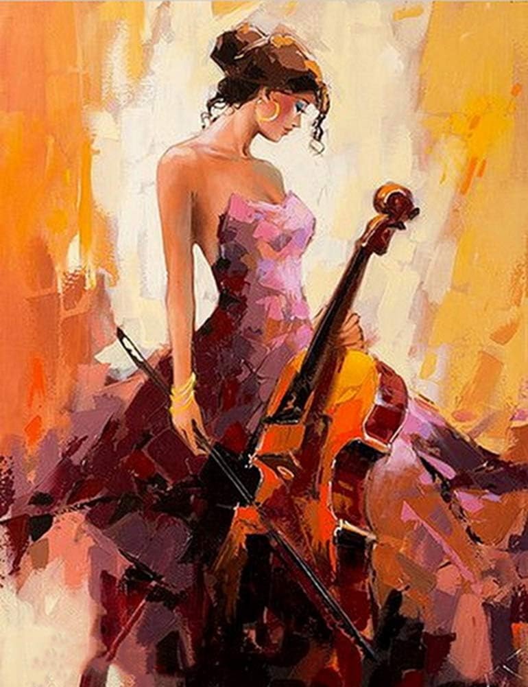 AAJJCENS ヴァイオリン 奏でる 女性 アート カラフル ドレス 音楽 人物画 自分でやる 手塗り DIY絵 デジタル油絵 ホ