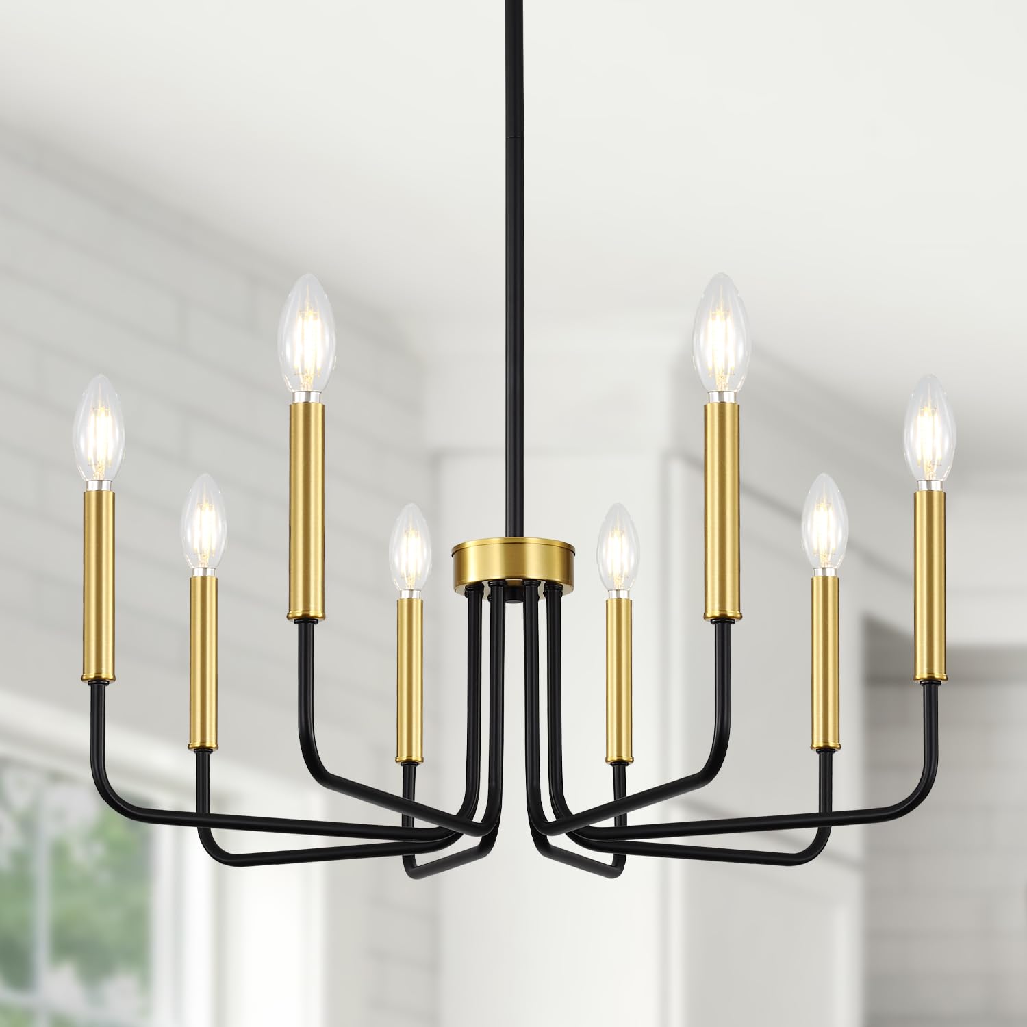 Yunnix 8 Light Black and Gold Chandelier, Farmhouse Chandelier for Dining Room Light Fixture Hanging, UL Listed Industrial Modern Chandelier for Bedroom, Kitchen, Living Room, No Assembly Required