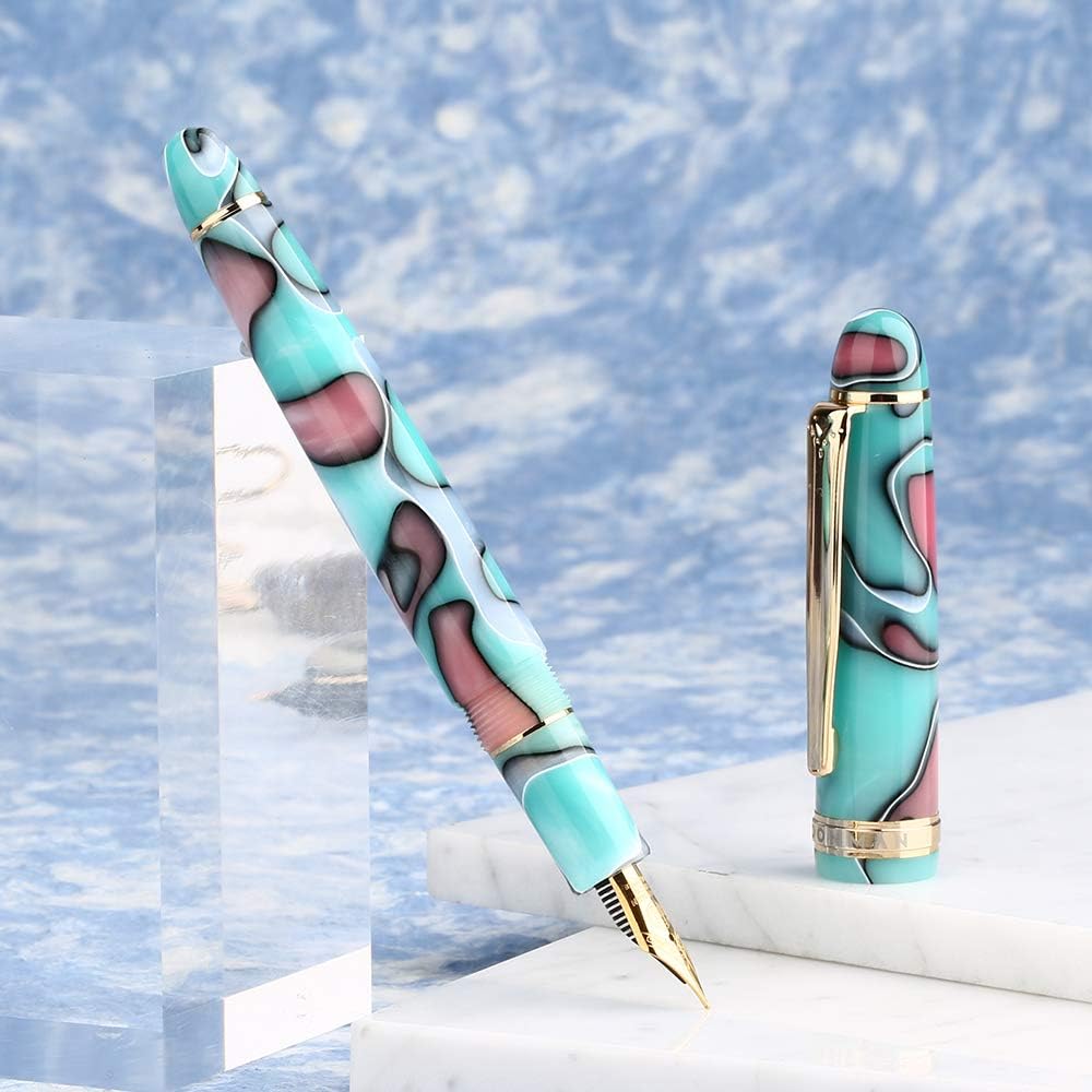Majohn S3 Fountain Pen Blue Lake Celluloid,Iridium Fine Nib Gold Plated with Pen Pouch for Signature Handwriting