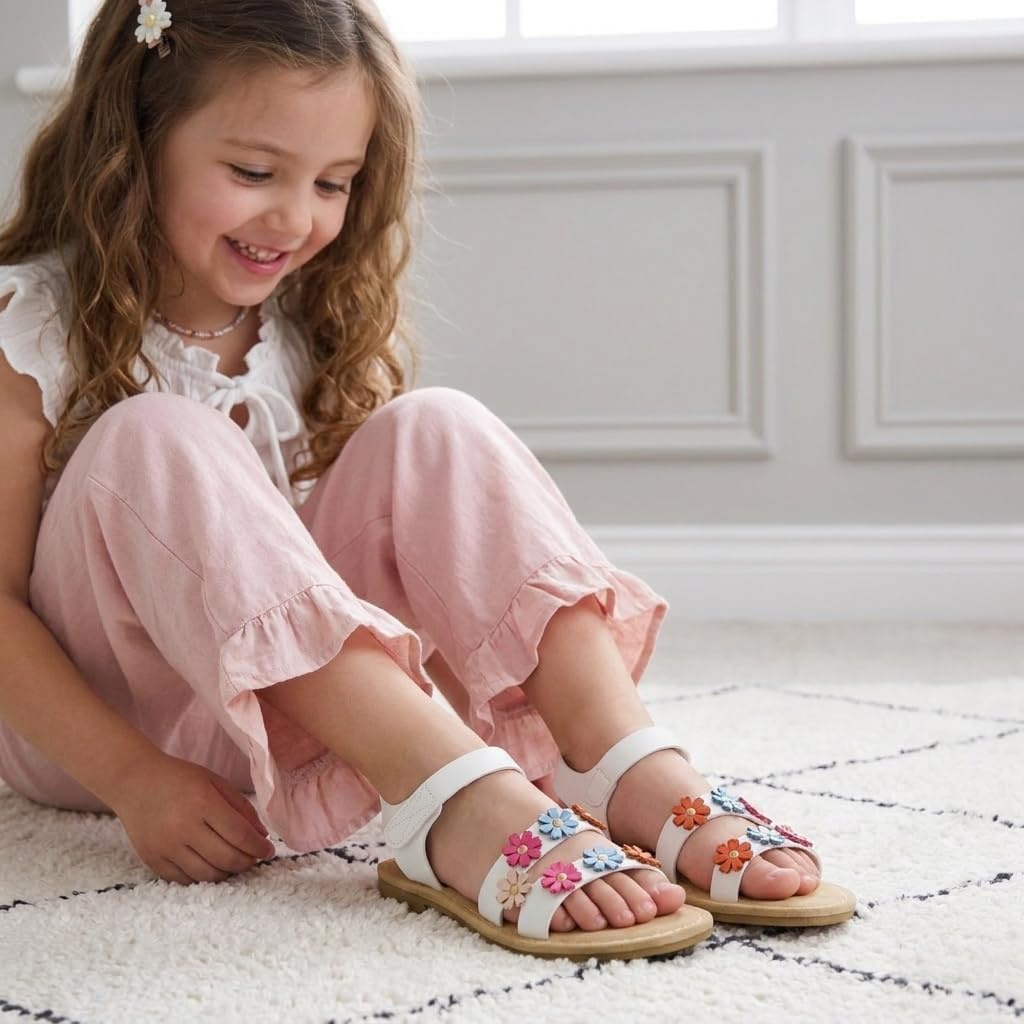 CUSHIONAIRE Cleo Girls Sandals, Flower Strap Dress Style Girls Dress Shoes with Cushioned Footbed and Adjustable Ankle Strap