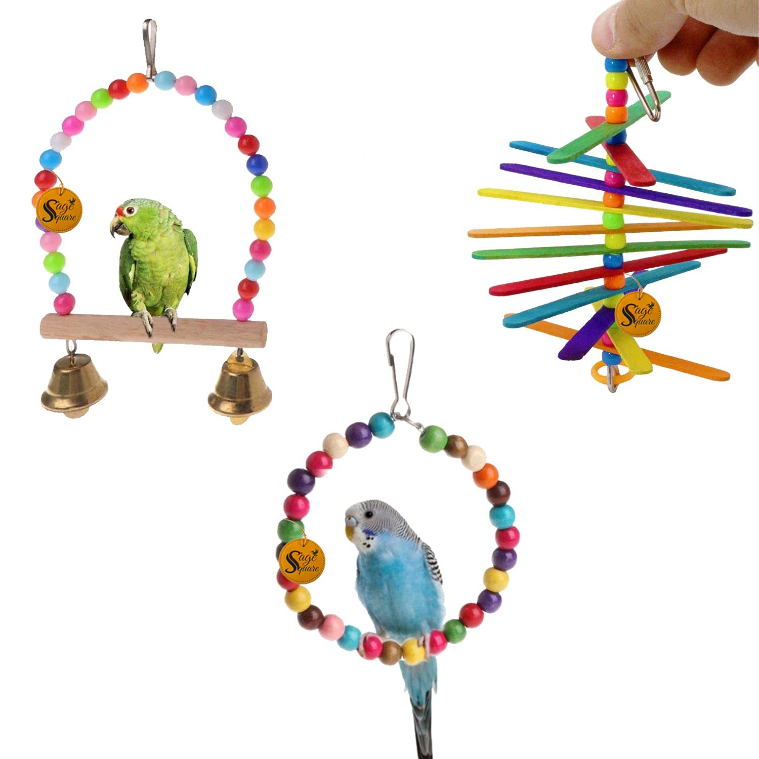 Sage Square Wooden Bird Toys Combo | Swing, Hanging Cage Toy | for Budgie, Cockatiel, Parakeet, Conure, Macaw, Parrot (B096W2YLJ8) Amazon Price History, Amazon Price Tracker
