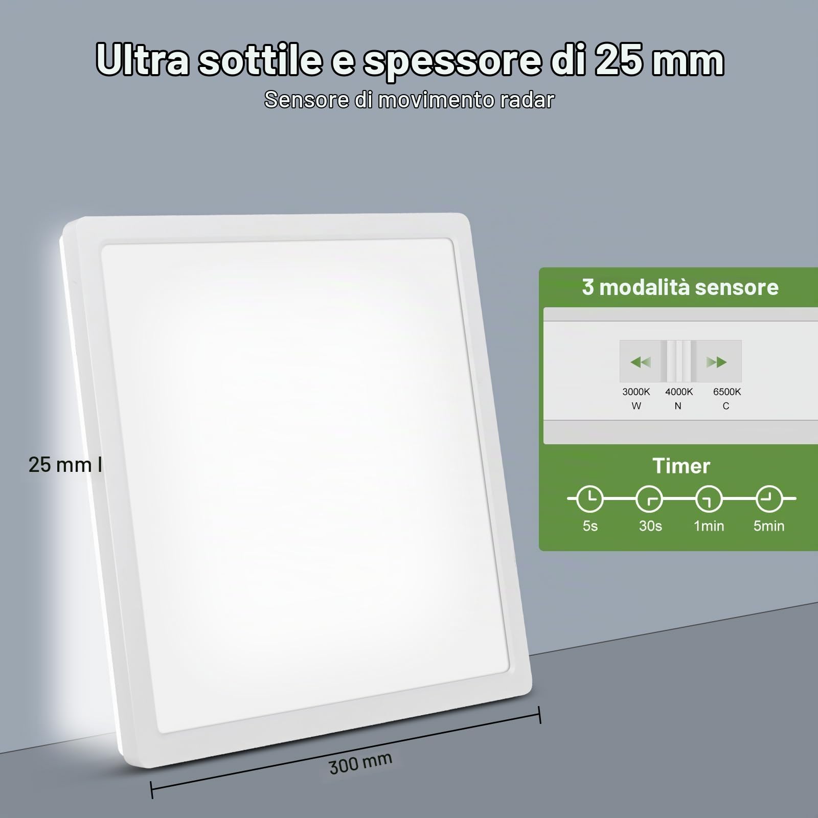 LEZOE Plafoniera LED con rilevatore di movimento, LED Radar lampada Sesor 24W 2400LM dimmerabile, sensore 3000K/4000K/6500K IP54 per bagno, garage, scale, cantina, corridoio, balcone 30x30x2,5 cm