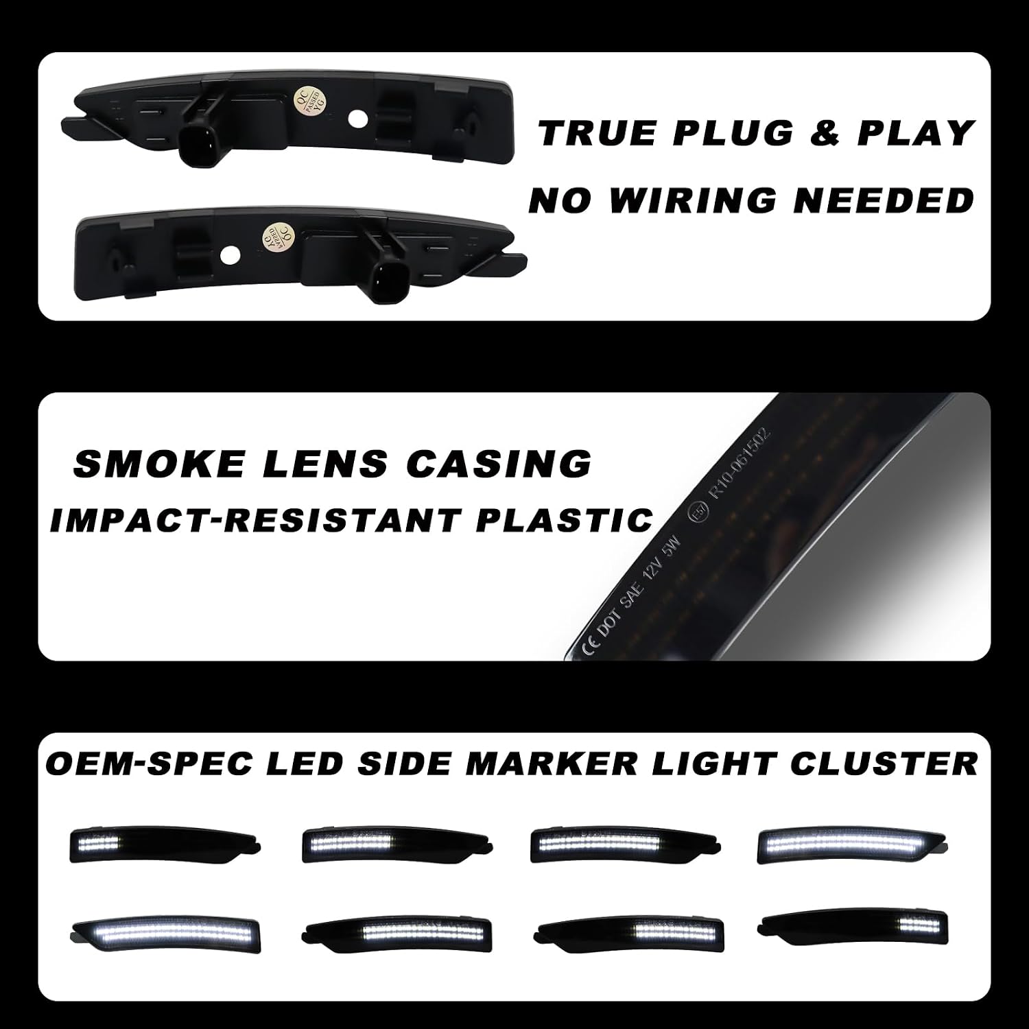 Smoked LED Side Marker Light Kit for 2024-2025 Ford Mustang (EcoBoost/GT/Dark Horse) - Dynamic Sequential Turn Signals | White Front & Rear Lighting | 4-Piece Direct Fit Replacement