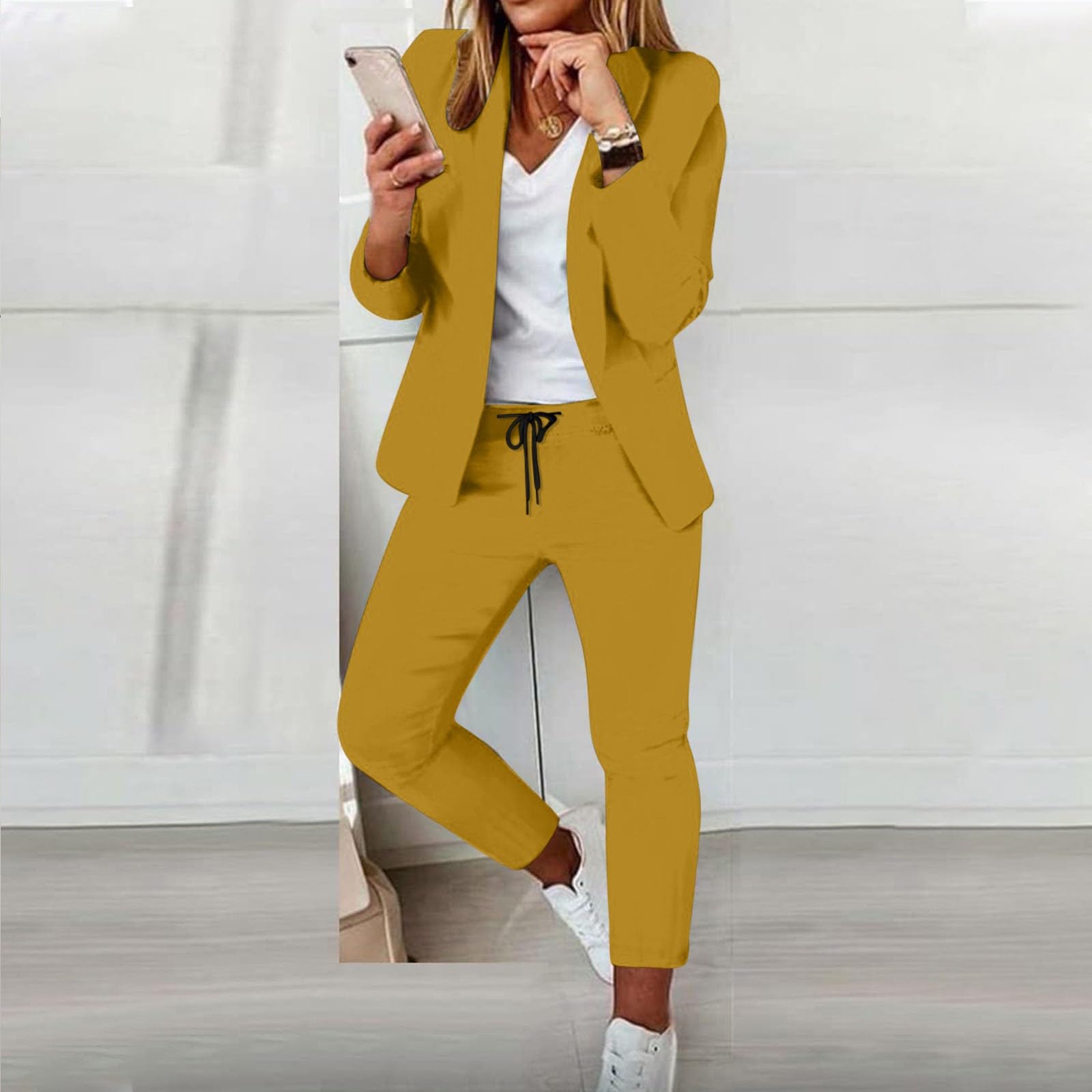 Abito da donna elegante tinta unita a maniche lunghe con cardigan con tasche e pantaloni con gamba dritta elastica