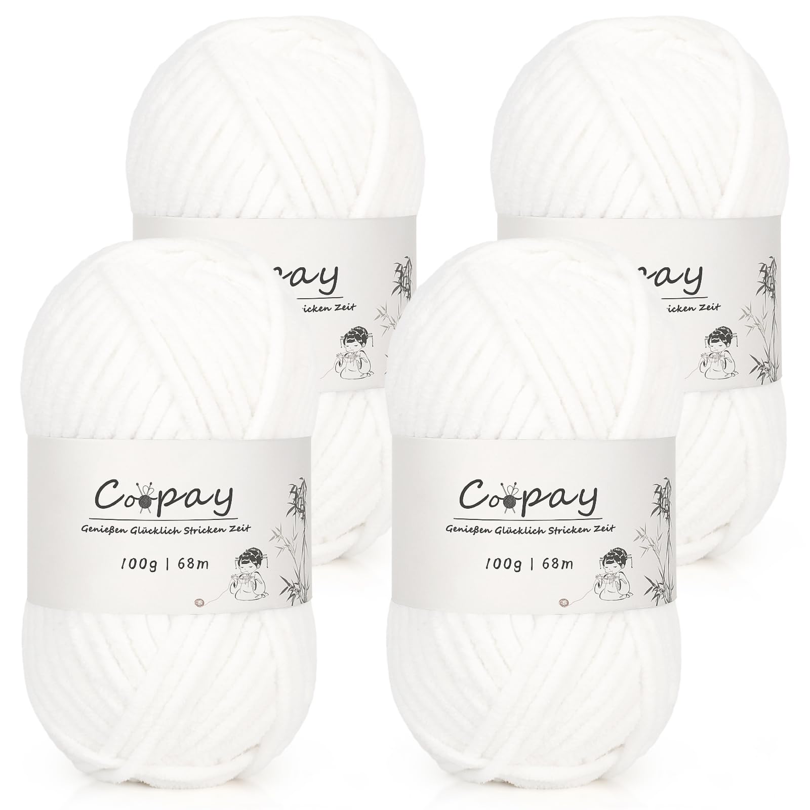 Coopay Chenille Chunky Wolle zum Häkeln Dickes Garn, 4 x 100g Dicke Wolle zum Stricken, Super Flauschig Weiches Wolle für Babydecke, Grobes Chenille-Garn für Decken, Schals, Socken, Taschen - Weiß