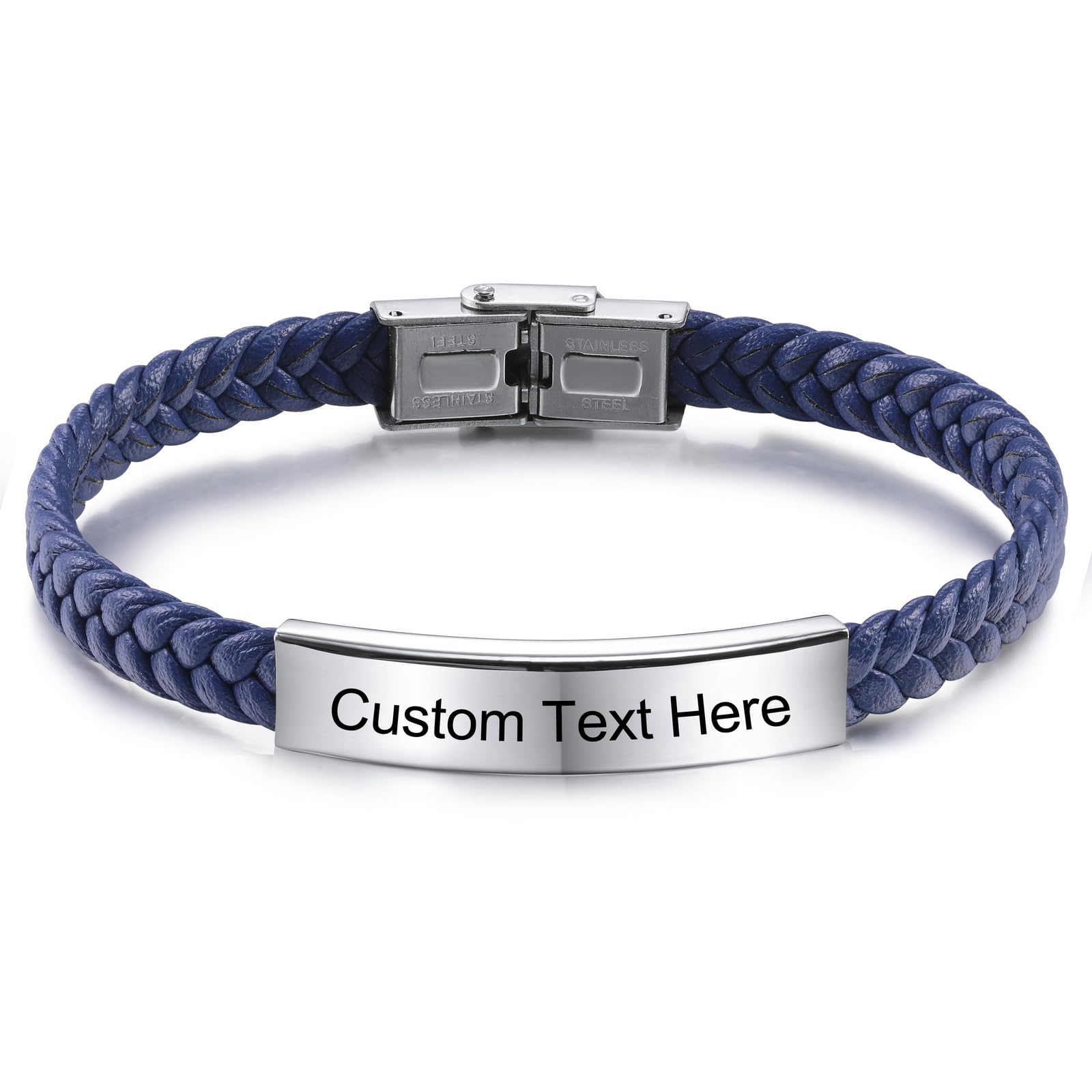 INBLUE Personalizado Pulsera de Cuero Grabado Texto Pulsera para Hombres Padre Amigo Etiqueta de Acero Inoxidable Ajustable Pulsera de Cuerda Trenzada Joyería de Moda Regalo para Aniversario