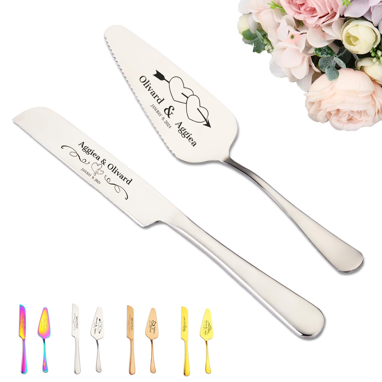 NGTSFLY Personalized Cake Cutting Set for Wedding, Custom Stainless Steel Cake Knife and Server Set for Wedding, Anniversary, Birthday, Graduation Gift (Silver)