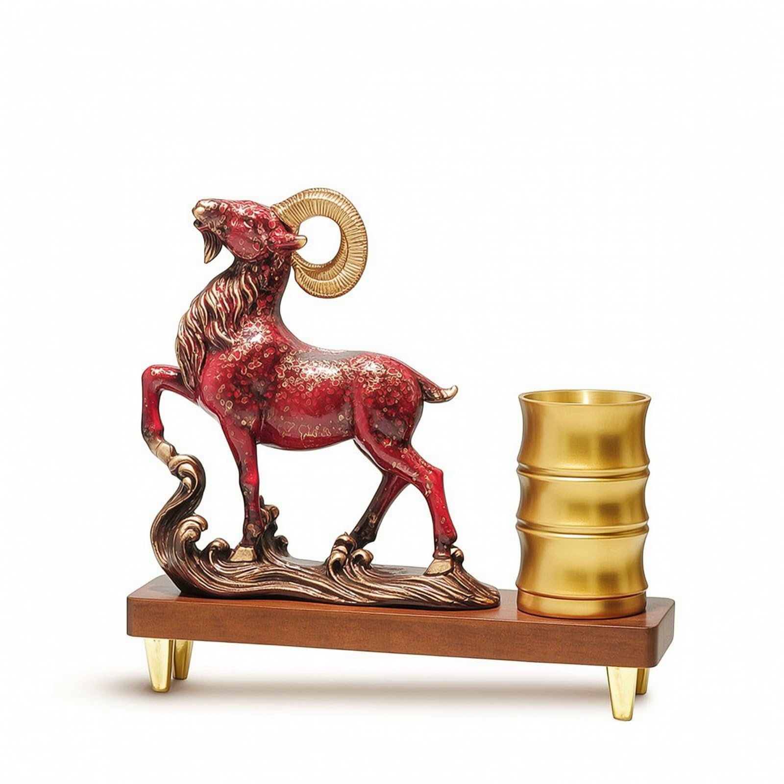 Stifthalter mit Widder-Skulptur rativ Stifteköcher mit Holzsockel elegant Schreibtischorganizer für Arbeitszimmer, Antik