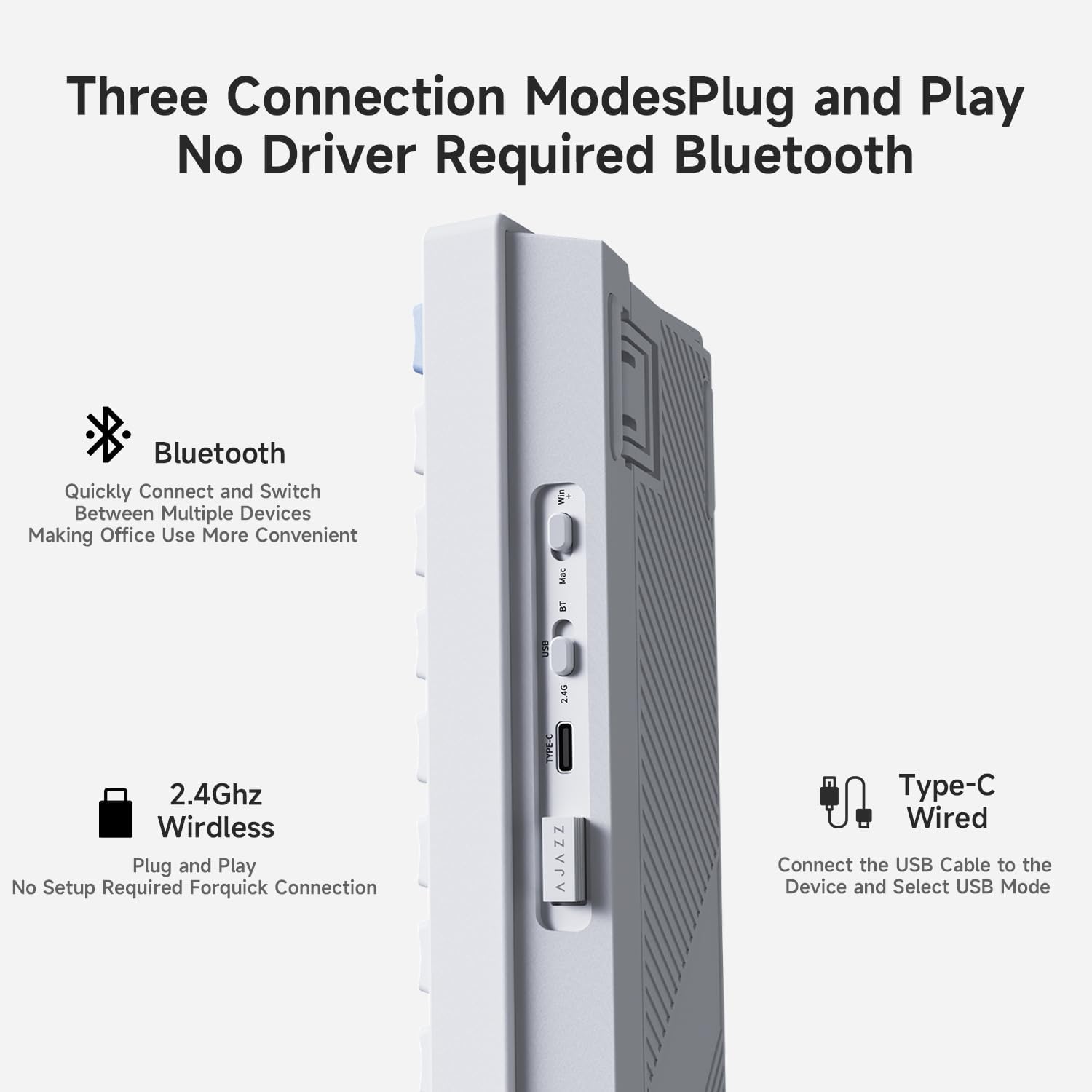 Side view of AJAZZ AK650 keyboard showing connection switches and ports