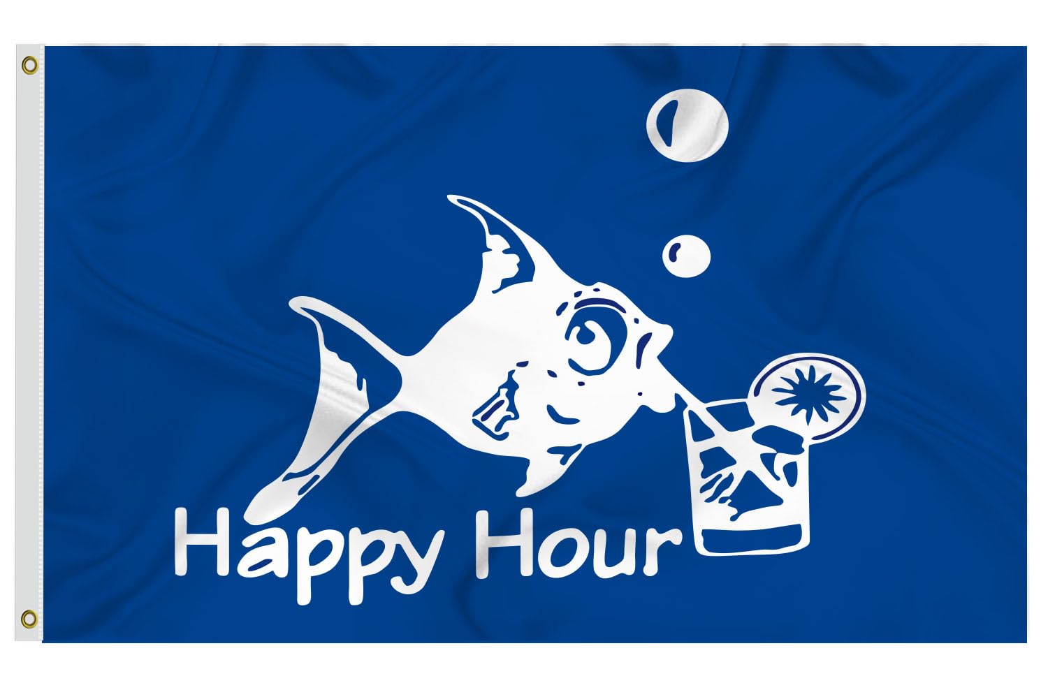 Happy Hour Flag 3x5 Foot Blue Tipsy Fish Banner Made of Glossy Fabric -Silk - Vivid Color and Fade Proof, Double Stitched Printed Cocktail beer Flags — image 1