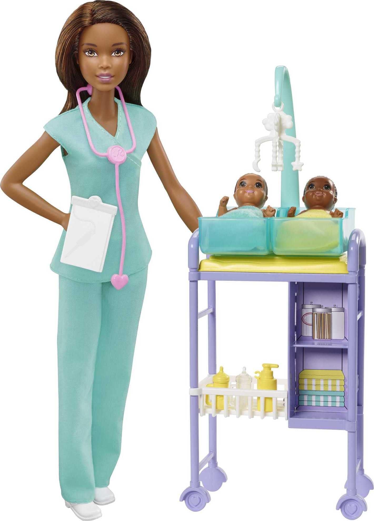 Barbie® Baby Doctor Playset with Brunette Doll, 2 Infant Dolls, Exam Table and Accessories, Stethoscope, Chart and Mobile for Ages 3 and Up
